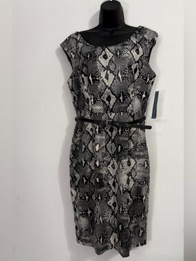 London Times Sleeveless Snake-Print Midi Dress in Black and Gray NWT